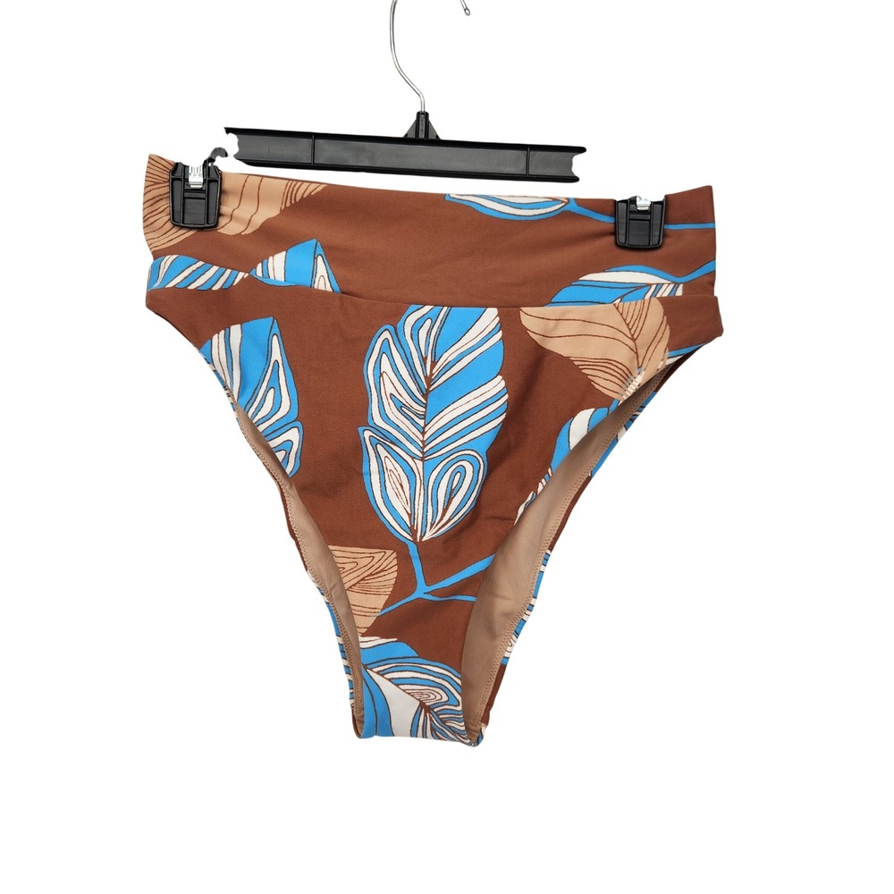 Aerie High Cut Cheeky Swim Bottoms Brown Tropical Leaf Print Large NWT
